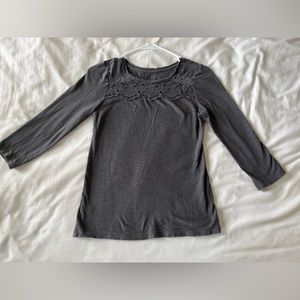 LOFT Gray Lace Detail 3/4 Sleeve Top